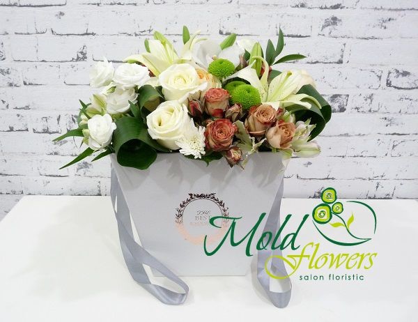 Box of white roses, lilies, chrysanthemums, eustomas, orchids, aspidistra, green chrysanthemums, brown roses photo